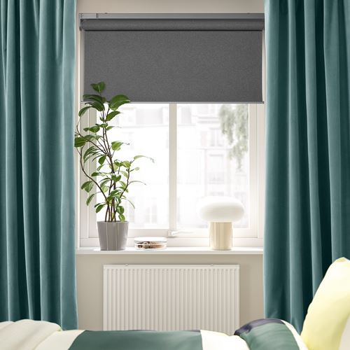 IKEA - SANELA, curtains, 1 pair, dark grey-turquoise, 140x300 cm