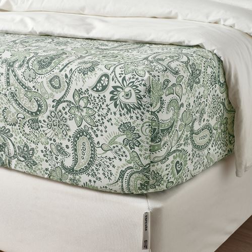 IKEA - RODGERSIA, fitted sheet, green/white, 140x200 cm