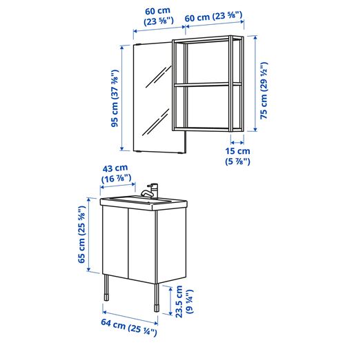 IKEA - ENHET/TVALLEN, banyo mobilyası seti, beyaz-parlak cila beyaz, 64x43x87 cm