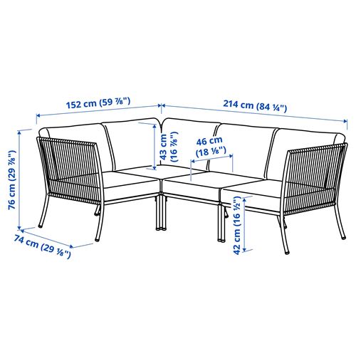 IKEA - SEGERÖN, bahçe köşe kanepe seti, beyaz-bej, 152/214x74 cm