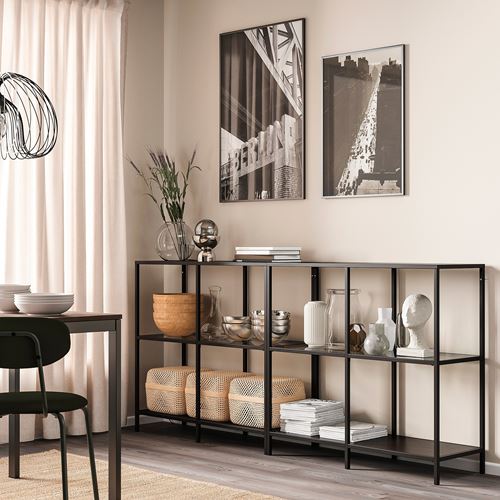 IKEA - VITTSJÖ, Open Shelving Unit, black-brown/glass, 200x36x93 cm