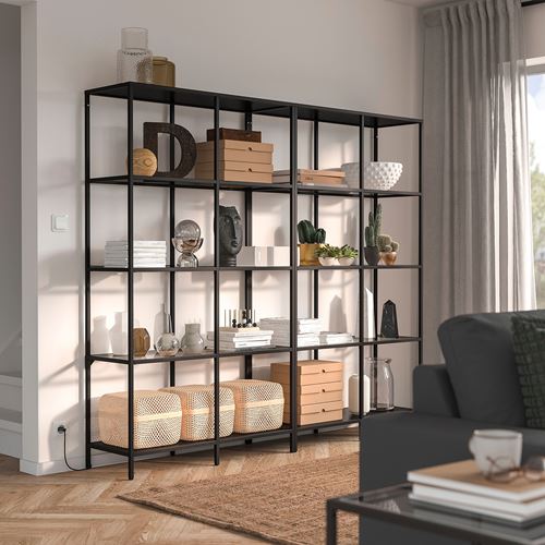 IKEA - VITTSJÖ, Open Shelving Unit, black-brown/glass, 200x36x175 cm