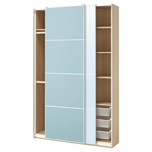 IKEA - PAX/MEHAMN/AULI, PAX sliding door wardrobe, bleached oak effect-light blue-mirror glass, 150x44x236 cm