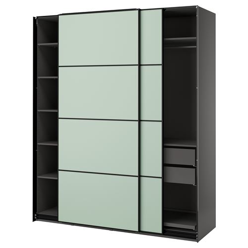 IKEA - PAX/MEHAMN, PAX sliding door wardrobe, dark grey-light green, 200x66x236 cm