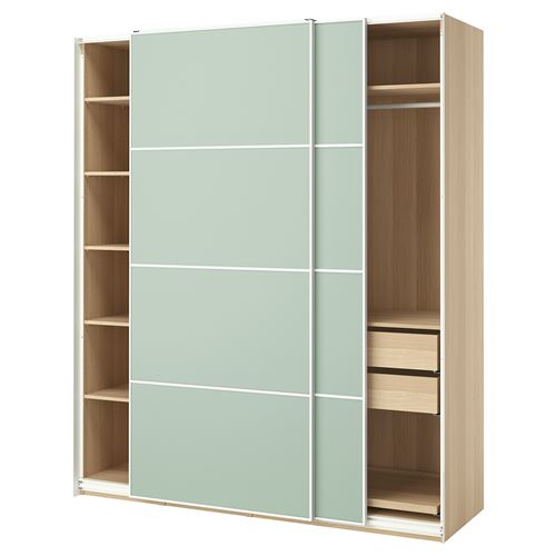 IKEA - PAX/MEHAMN, PAX sliding door wardrobe, white stained oak effect/light green, 200x66x236 cm