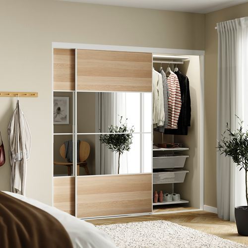 IKEA - SKYTTA/BOAXEL, Walk-in wardrobe with sliding doors, white/white stained oak effect mirror glass, 202x65x205 cm