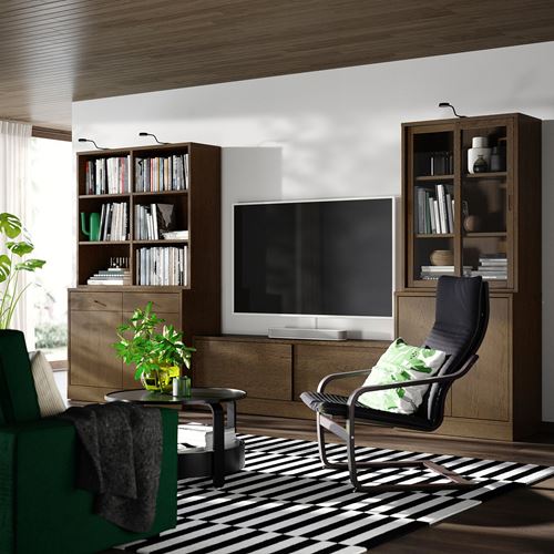 IKEA - TONSTAD, tv storage unit, brown oak veneer-glass, 381x47x201 cm