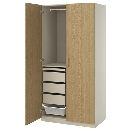 IKEA - PAX/TONSTAD, PAX wardrobe, grey-beige-oak veneer, 100x60x201 cm