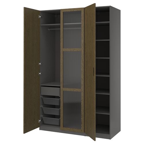 IKEA - PAX/TONSTAD, PAX wardrobe, dark gray brown-oak veneer glass, 150x60x236 cm