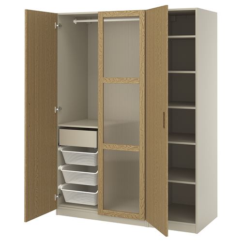 IKEA - PAX/TONSTAD, PAX wardrobe, grey-beige-oak veneer-glass, 150x60x201 cm