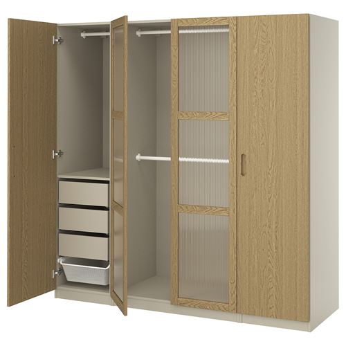 IKEA - PAX/TONSTAD, PAX wardrobe, grey-beige-oak veneer-glass, 200x60x201 cm