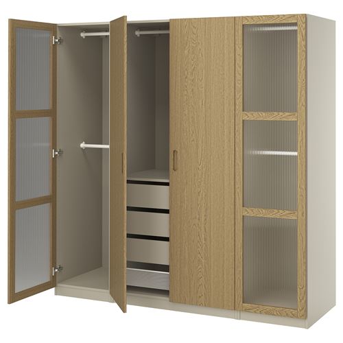 IKEA - PAX/TONSTAD, PAX wardrobe, gray-beige-oak veneer glass, 200x60x201 cm