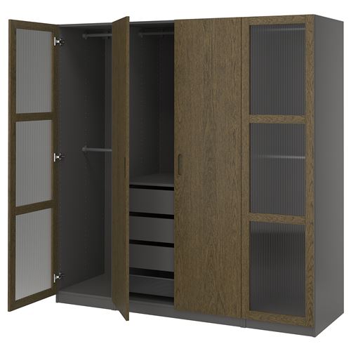 IKEA - PAX/TONSTAD, PAX wardrobe, dark gray brown-oak veneer glass, 200x60x201 cm