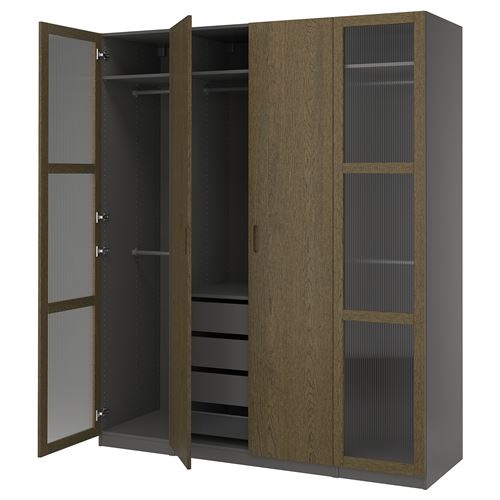 IKEA - PAX/TONSTAD, PAX wardrobe, dark gray brown-oak veneer glass, 200x60x236 cm