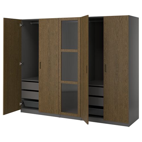 IKEA - PAX/TONSTAD, PAX wardrobe, dark gray brown-oak veneer glass, 250x60x201 cm