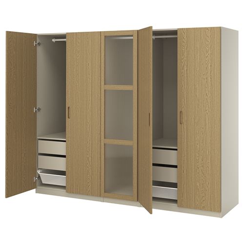 IKEA - PAX/TONSTAD, PAX wardrobe, gray-beige-oak veneer glass, 250x60x201 cm