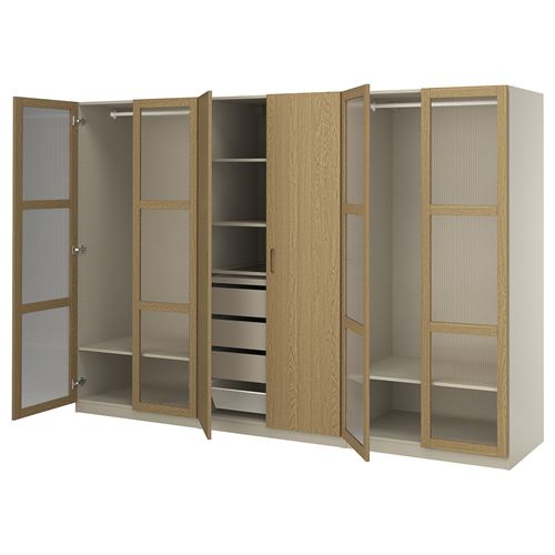 IKEA - PAX/TONSTAD, PAX wardrobe, gray-beige-oak veneer glass, 300x60x201 cm