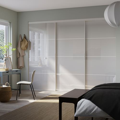 IKEA - SKYTTA/PAX, Walk-in wardrobe with sliding doors, white hokksund-shiny polish light gray, 301x160x240 cm