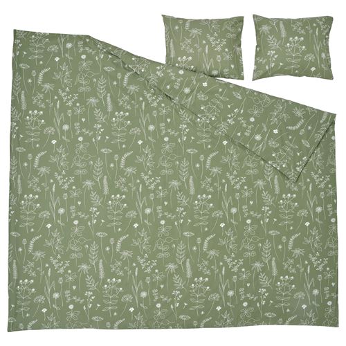 IKEA - SLANGULDMAL, double quilt cover and 2 pillowcases, green/floral pattern, 240x220/50x60 cm