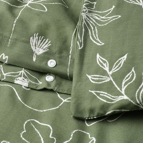 IKEA - SLANGULDMAL, double quilt cover and 2 pillowcases, green/floral pattern, 240x220/50x60 cm