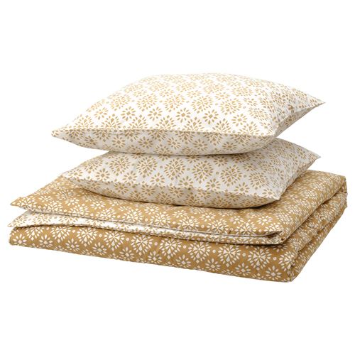 IKEA - ORMANGSFLY, double quilt cover and 2 pillowcases, yellow-beige/white, 240x220/50x60 cm