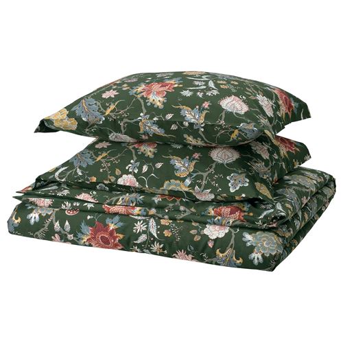 IKEA - NASSELKLOCKA, double quilt cover and 2 pillowcases, dark grey-green/multicolour, 240x220/50x60 cm