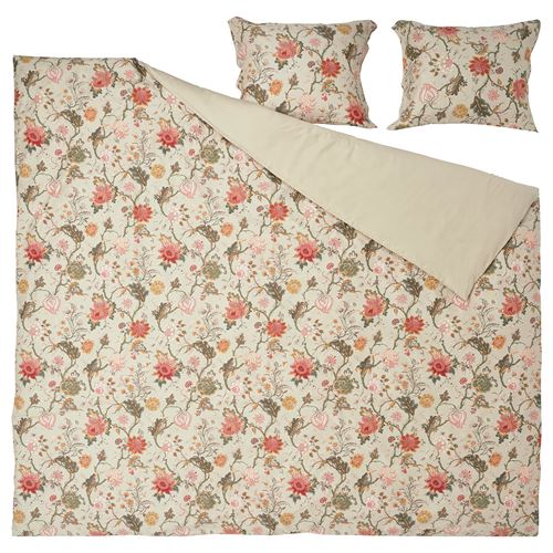 IKEA - NASSELKLOCKA, double quilt cover and 2 pillowcases, light grey-beige/multicolour, 240x220/50x60 cm