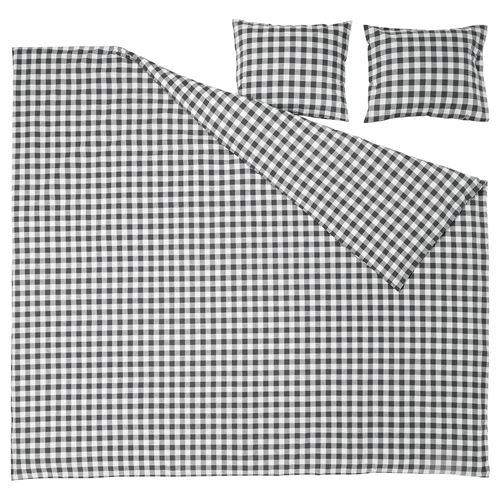 IKEA - EKTANDVINGE, double quilt cover and 2 pillowcases, white black-check, 240x220/50x60 cm