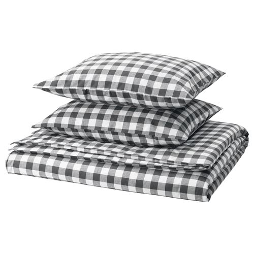 IKEA - EKTANDVINGE, double quilt cover and 2 pillowcases, white black-check, 240x220/50x60 cm