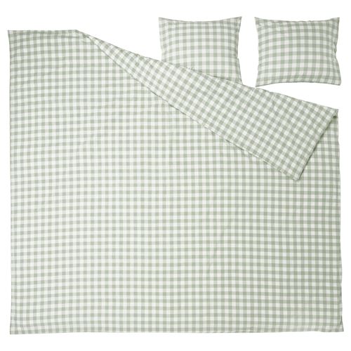 IKEA - EKTANDVINGE, double quilt cover and 2 pillowcases, pale grey-green white/check, 240x220/50x60 cm