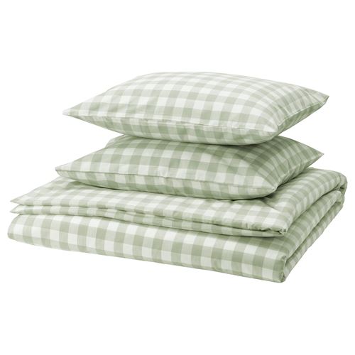 IKEA - EKTANDVINGE, double quilt cover and 2 pillowcases, pale grey-green white/check, 240x220/50x60 cm