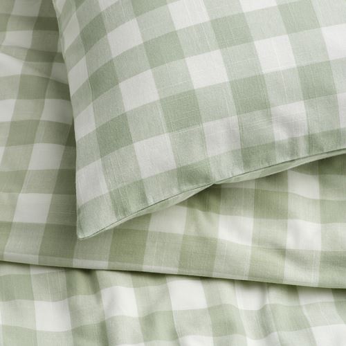 IKEA - EKTANDVINGE, double quilt cover and 2 pillowcases, pale grey-green white/check, 240x220/50x60 cm