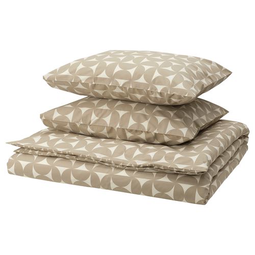 IKEA - ANGSNEJLIKA, double quilt cover and 2 pillowcases, grey-beige/off-white, 240x220/50x60 cm