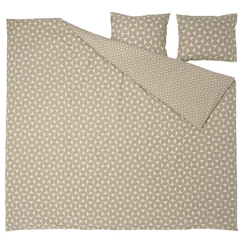 IKEA - ANGSNEJLIKA, double quilt cover and 2 pillowcases, grey-beige/off-white, 240x220/50x60 cm