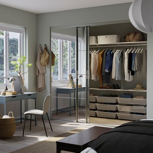 IKEA - SKYTTA/BOAXEL, sürgülü kapaklı gömme dolap, alüminyum-aynalı cam, 251x115x240 cm