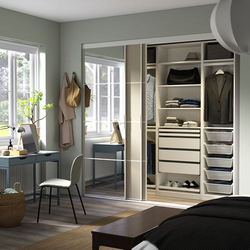 IKEA - SKYTTA/PAX, sürgülü kapaklı gömme dolap, gri-bej-aynalı cam, 251x115x240 cm