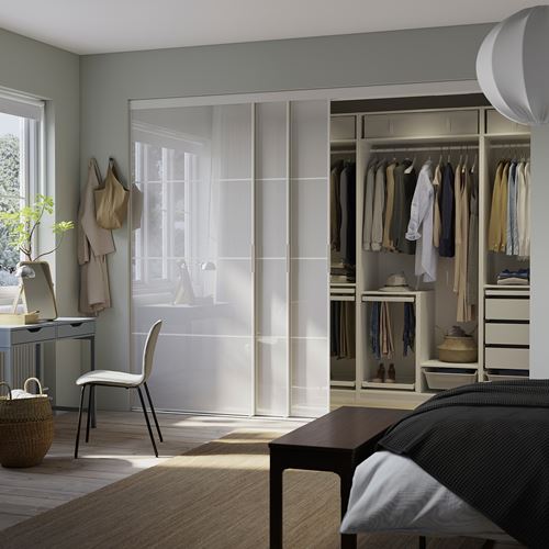 IKEA - SKYTTA/PAX, Walk-in wardrobe with sliding doors, white hokksund-shiny polish light gray, 301x160x240 cm
