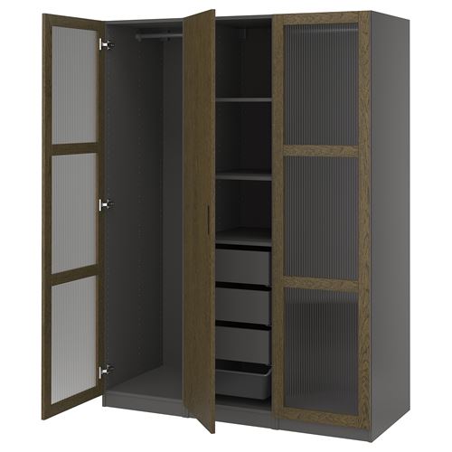 IKEA - PAX/TONSTAD, PAX wardrobe, dark gray brown-oak veneer glass, 150x60x201 cm