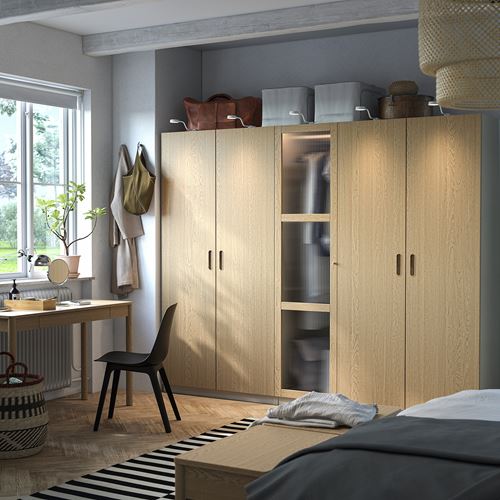 IKEA - PAX/TONSTAD, PAX wardrobe, gray-beige-oak veneer glass, 250x60x201 cm