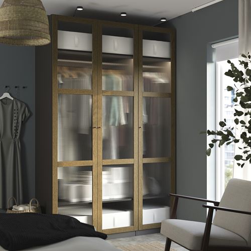 IKEA - PAX/TONSTAD, PAX wardrobe, dark gray brown-oak veneer glass, 150x60x236 cm