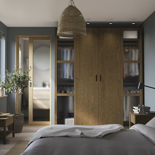 IKEA - PAX/TONSTAD, PAX wardrobe, dark gray brown-oak veneer glass, 200x60x236 cm