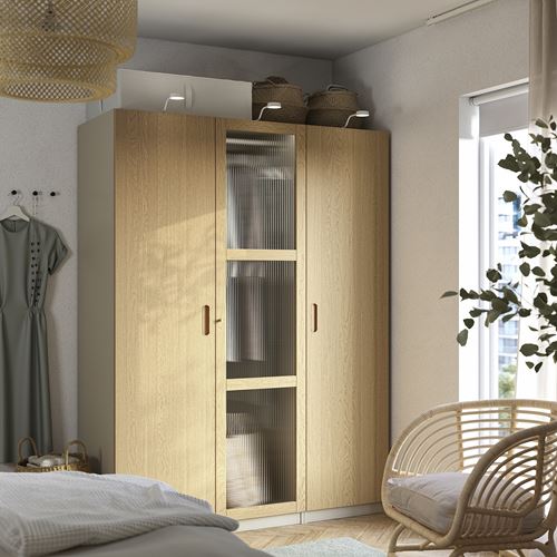 IKEA - PAX/TONSTAD, PAX wardrobe, grey-beige-oak veneer-glass, 150x60x201 cm