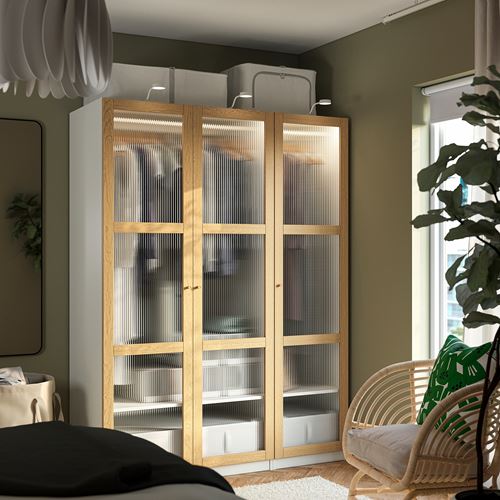 IKEA - PAX/TONSTAD, PAX wardrobe, white-oak veneer glass, 150x60x201 cm