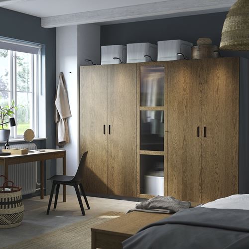 IKEA - PAX/TONSTAD, PAX wardrobe, dark gray brown-oak veneer glass, 250x60x201 cm