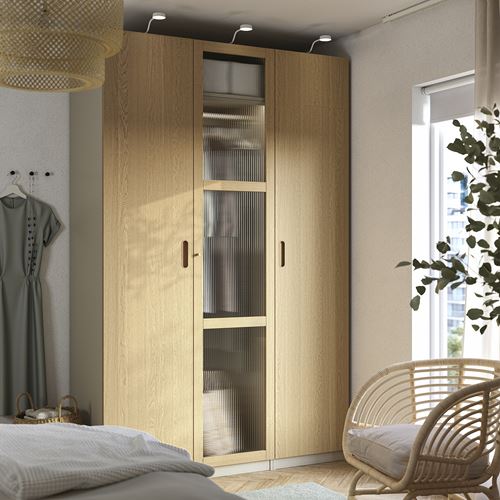 IKEA - PAX/TONSTAD, PAX wardrobe, gray-beige-oak veneer glass, 150x60x236 cm