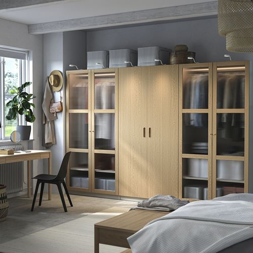 IKEA - PAX/TONSTAD, PAX wardrobe, gray-beige-oak veneer glass, 300x60x201 cm