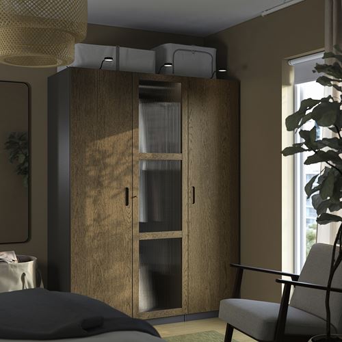 IKEA - PAX/TONSTAD, PAX wardrobe, dark gray brown-oak veneer glass, 150x60x201 cm