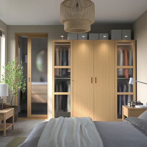 IKEA - PAX/TONSTAD, PAX wardrobe, white-oak veneer glass, 200x60x201 cm