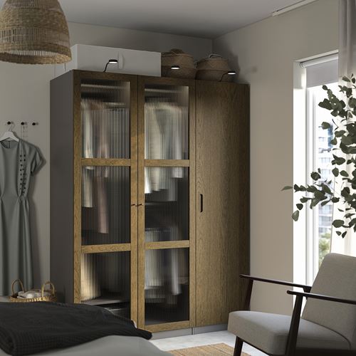 IKEA - PAX/TONSTAD, PAX wardrobe, dark gray brown-oak veneer glass, 150x60x201 cm