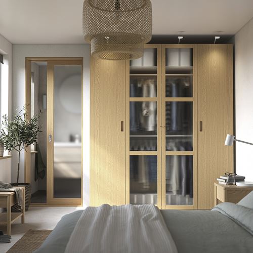 IKEA - PAX/TONSTAD, PAX wardrobe, grey-beige-oak veneer-glass, 200x60x236 cm